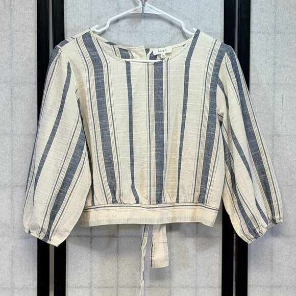 love J Tops - Love J Blue White Striped Crop Top L ¾ Sleeve Button Back Tie Nautical Chic Cool
